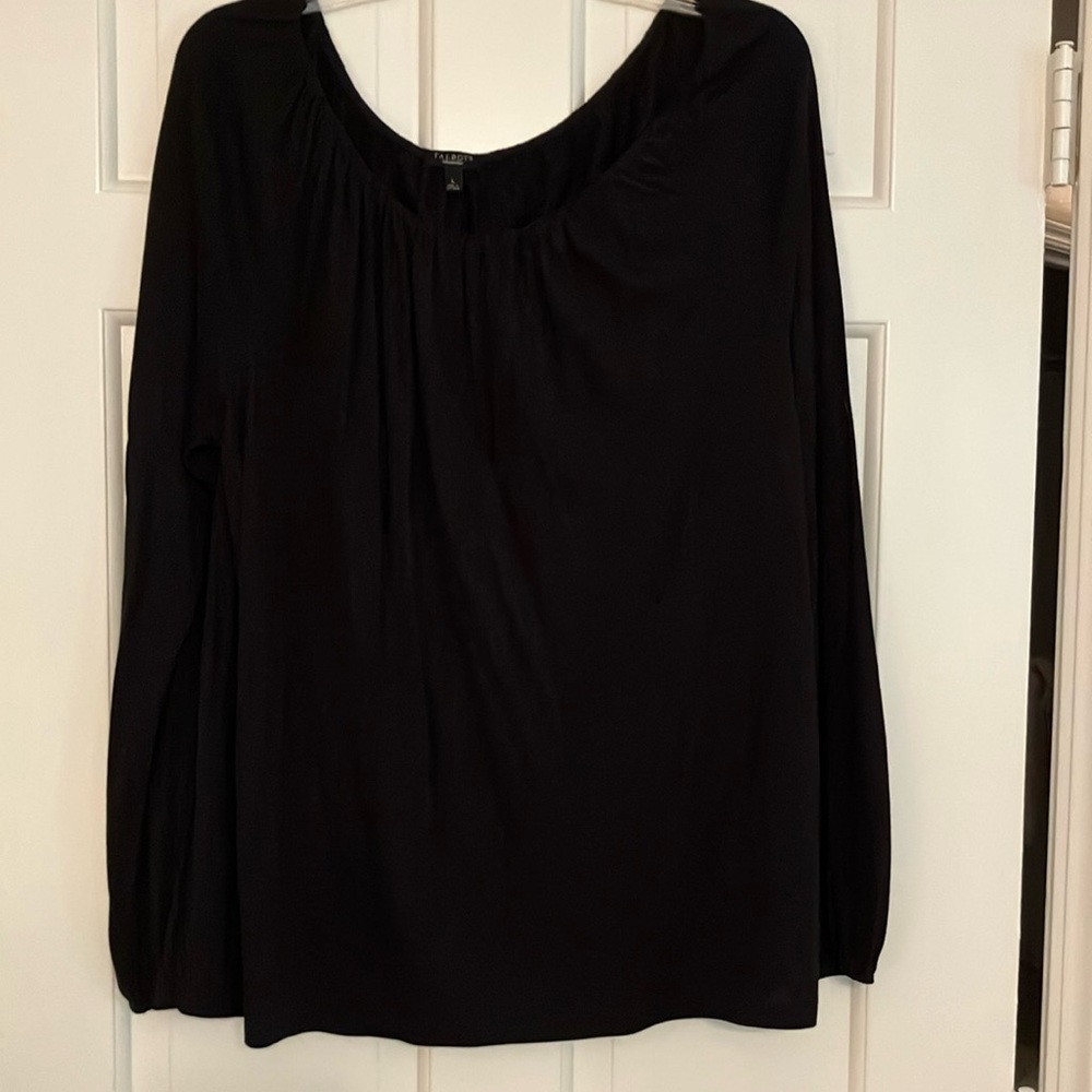 Talbots black top with elastic neck and long sleeves.